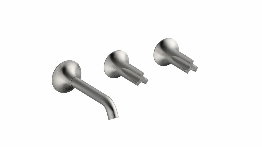 BONGIO ToolS Gruppo lavabo a parete con bocca da 190 mm. in acciaio spazzolato 316 completa di connessione incasso. Installazione orizzontale o verticale con posizione bocca modificabile.